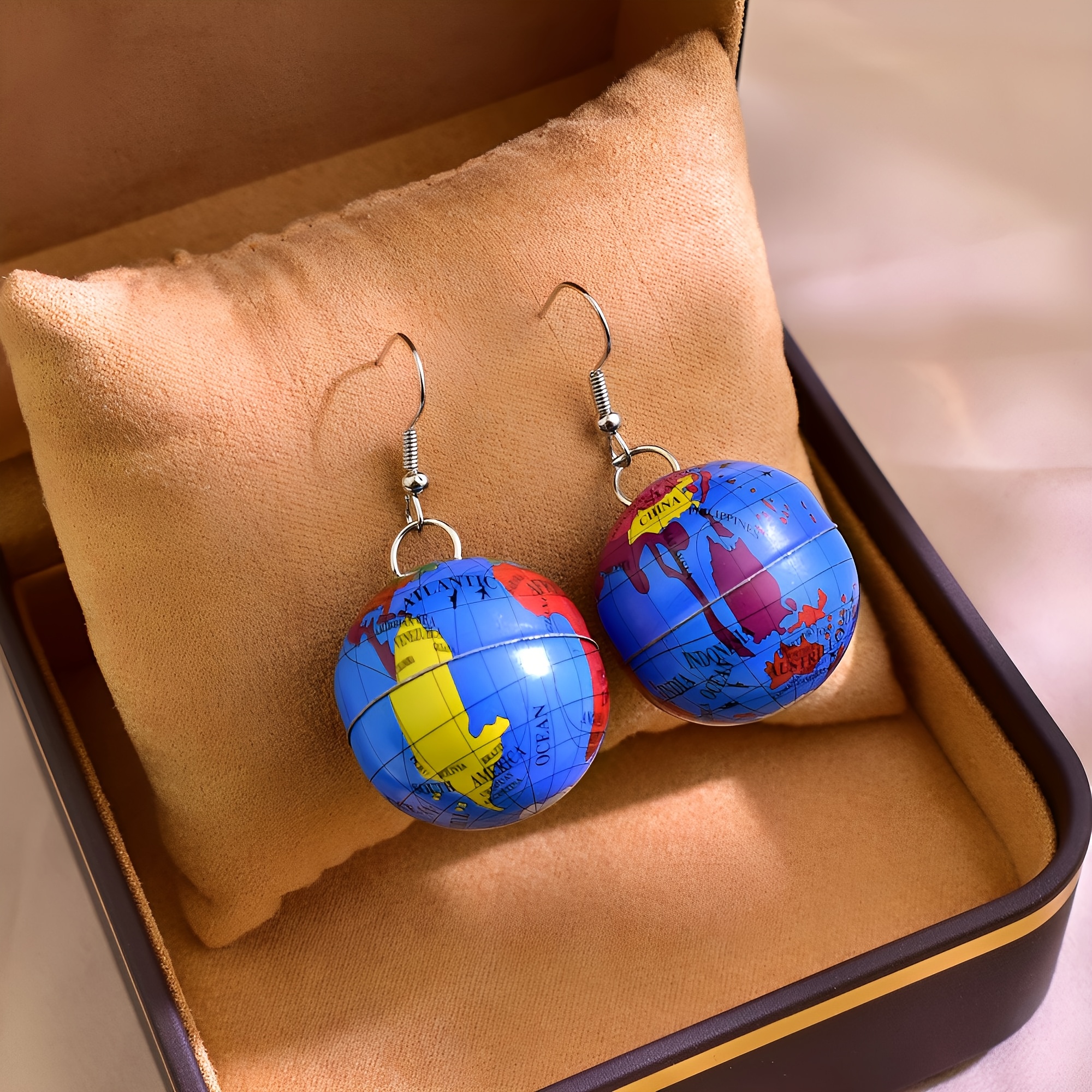 Earth Dangle Earrings with Colorful Continents - Summer Jewelry